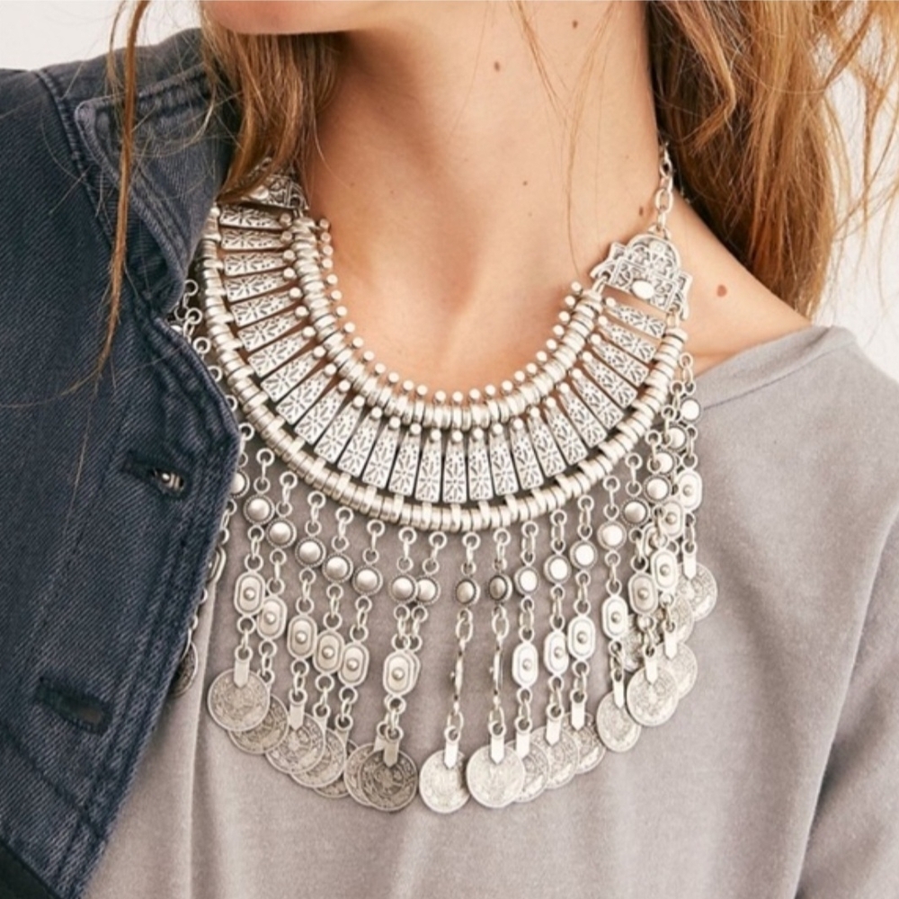 Aldo Silver Filigree Coin Fringe Choker Necklace